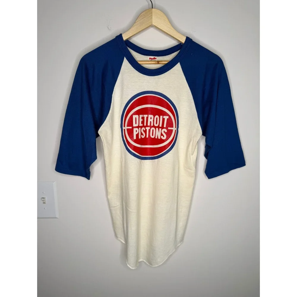 Vintage 60s 70s Detroit Pistons Old Logo Mason Raglan T-Shirt 3/4 Sleeve Medium